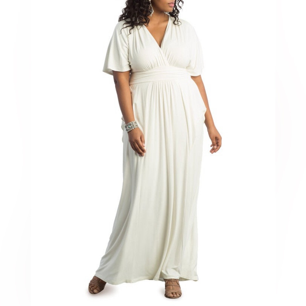 Kiyonna Indie Surplice V-Neck White Maxi Tiered‎ Dress Made In USA Size 2X
